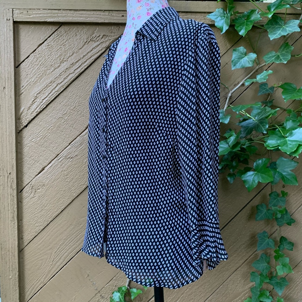Style Co 3/4 ruffle sleeve button-up Shirt Sz 14P black white check business top - Picture 4 of 16